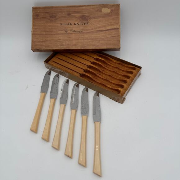 Mid Century Cattaraugus Steak Knife Set (6) in Wooden Holder w Box MCM - Picture 1 of 8